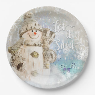Assiettes En Carton Bonhomme de neige mignon de Noël avec des flocons
