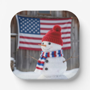 Assiettes En Carton Bonhomme de neige patriotique avec drapeau américa