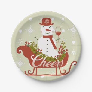 Assiettes En Carton Bonhomme de neige qui trinque au vin et traîneau f
