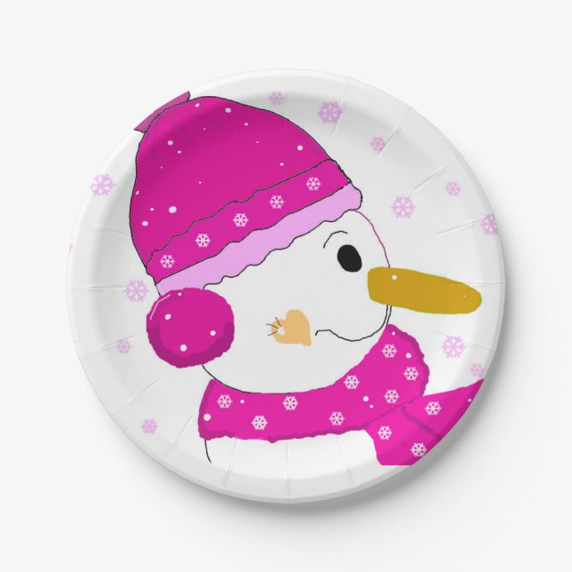Assiettes En Carton Bonhomme de neige rose (Devant)