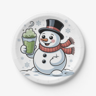 Assiettes En Carton Bonhomme de neige tenant une boisson au matcha Noë