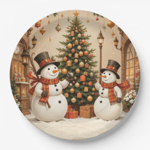 Assiettes En Carton Bonhommes de neige rétro festifs et sapin de Noël