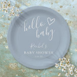 Assiettes En Carton Bonjour Baby shower Bébé Garçon Dusty Bleu mignon<br><div class="desc">Une plaque en papier baby shower minimaliste moderne avec un coeur dessiné à la main et une typographie élégante sur un arrière - plan bleu poussiéreux. Conçu par Thisisnotme©</div>