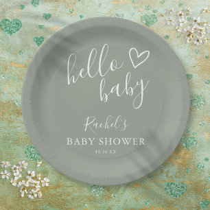 Assiettes En Carton Bonjour Baby Shower Genre Neutre Boho Vert Sauge
