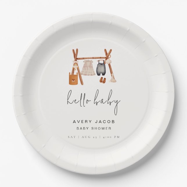 Assiettes En Carton Bonjour bébé | Baby shower Vêtements Boho mignons (Devant)