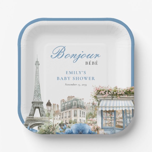 Assiettes En Carton Bonjour Bebe French Blue Baby Shower (Recto)