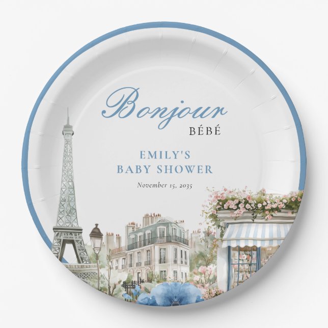 Assiettes En Carton Bonjour Bebe French Blue Baby Shower (Devant)