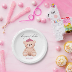Assiettes En Carton Bonjour Bebe French Watercolor Bear Baby shower