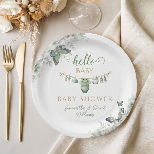 Assiettes En Carton Bonjour Bébé Papillon Vert Sauge Floral