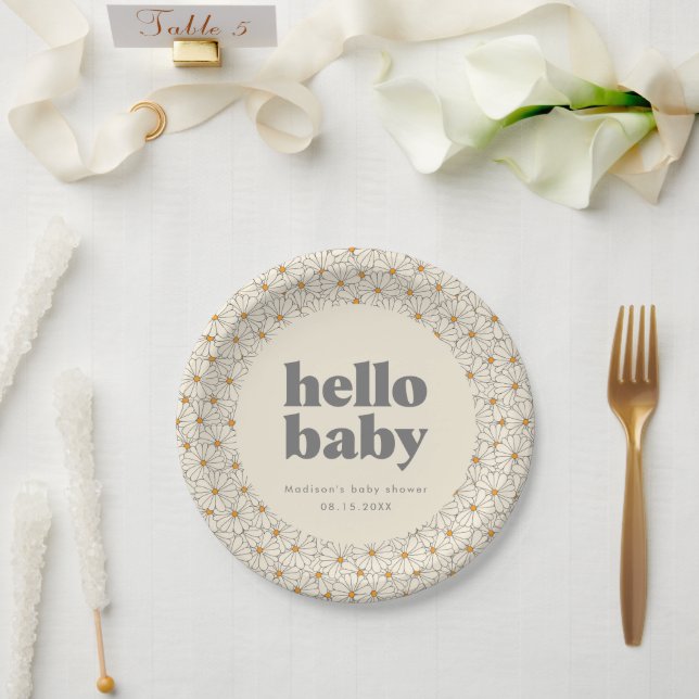 Assiettes En Carton Bonjour Bébé Retro Boho Daisy Custom (Mariage)