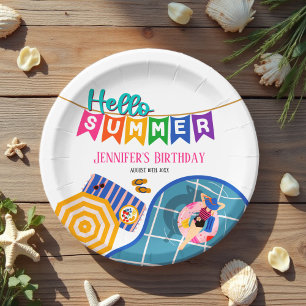 Assiettes En Carton Bonjour Été Bannière Colorée Pool fête Anniversair