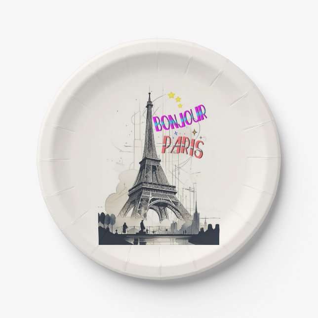 Assiettes En Carton Bonjour Paris coloré (Devant)