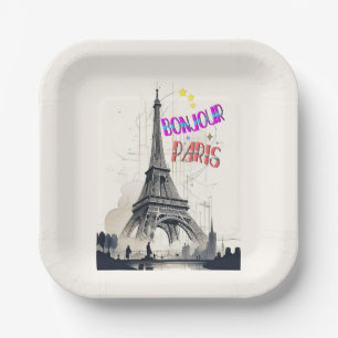 Assiettes En Carton Bonjour Paris coloré
