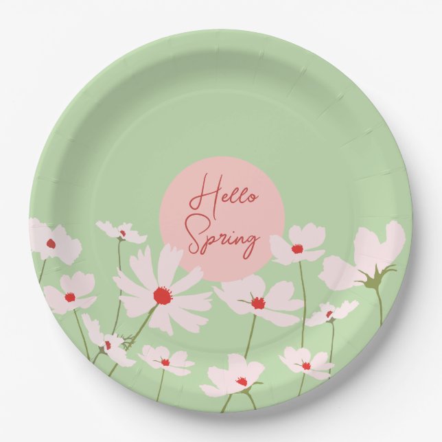 Assiettes En Carton Bonjour Printemps rose clair fleurs cosmos (Devant)