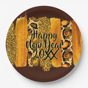 Assiettes En Carton Bonne année 20xx coup de pinceau or et léopard 9"