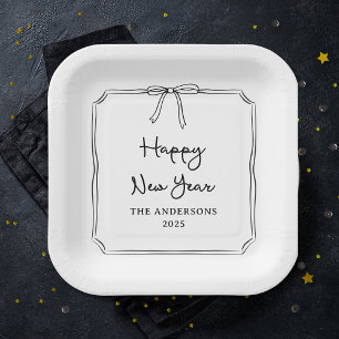 Assiettes En Carton Bonne année ! Bow noir et blanc personnalisé