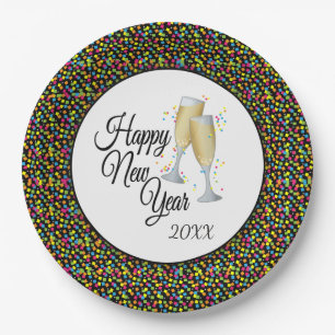 Assiettes En Carton Bonne année Confettis colorés Champagne
