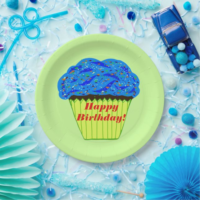 Assiettes En Carton Bonne Anniversaire Bleu Cupcake Plaques de papier (Fête)
