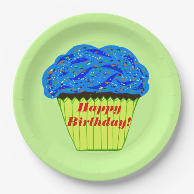 Assiettes En Carton Bonne Anniversaire Bleu Cupcake Plaques de papier (Devant)