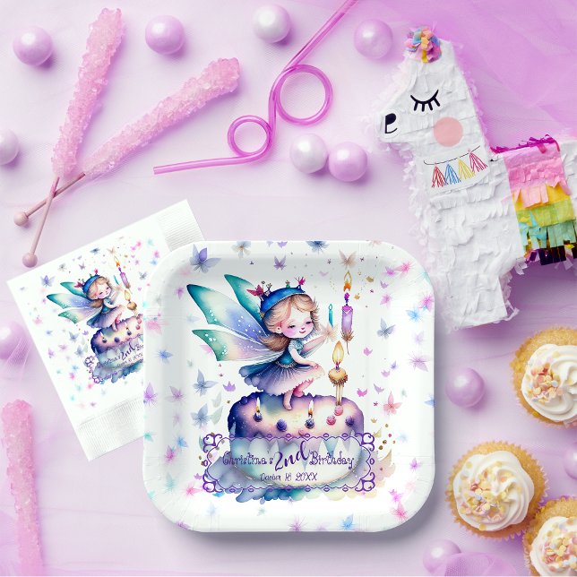 Assiettes En Carton Bonne fête d'anniversaire 01 (Adorable Fairy Birthday customizable square paper plate with matched paper napkin on a party table)