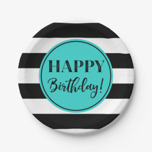 Assiettes En Carton Bonne fête d'anniversaire Turquoise Blanc Noir
