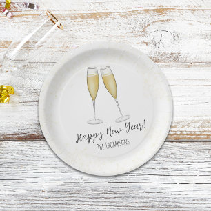 Assiettes En Carton Bonne fête du Nouvel An Champagne Aquarelle Or
