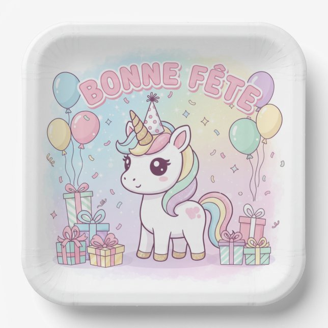 Assiettes En Carton bonne fête licorne  (Recto)