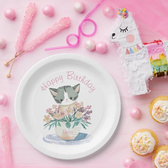 Assiettes En Carton Bonne fille d'anniversaire | Nom du chaton mignon (Fête)