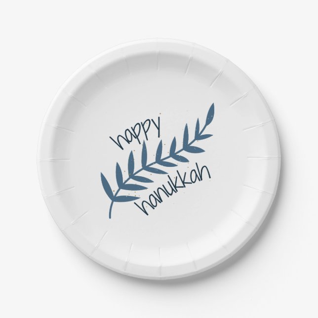 Assiettes En Carton Bonne Hanoukka (avec Feuilles bleus) (Devant)
