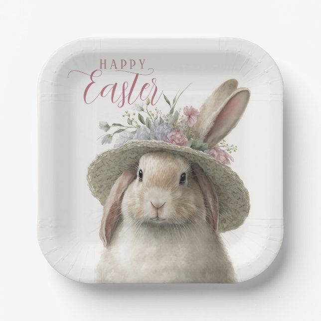 Assiettes En Carton Bonne Pâques Aquarelle mignonne Lapin Floral Lapin (Recto)