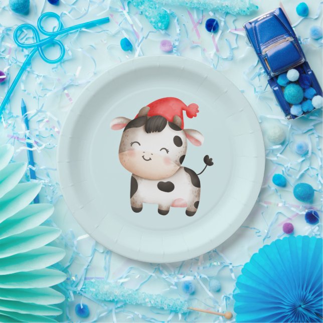 Assiettes En Carton Bonne vache dans un Casquette rouge mignon (Fête)