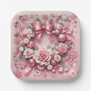 Assiettes En Carton Bons de Noël rose magnifique couronne fleuris