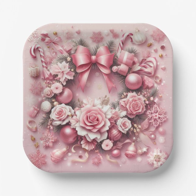 Assiettes En Carton Bons de Noël rose magnifique couronne fleuris (Recto)