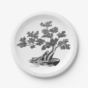 Assiettes En Carton Bonsai - Style chinois - noir et blanc