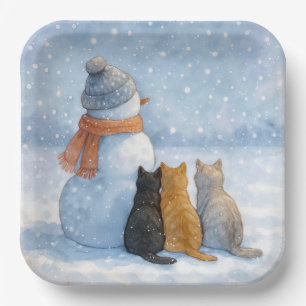 Assiettes En Carton Bonshommes de neige et chats dans un champ enneigé
