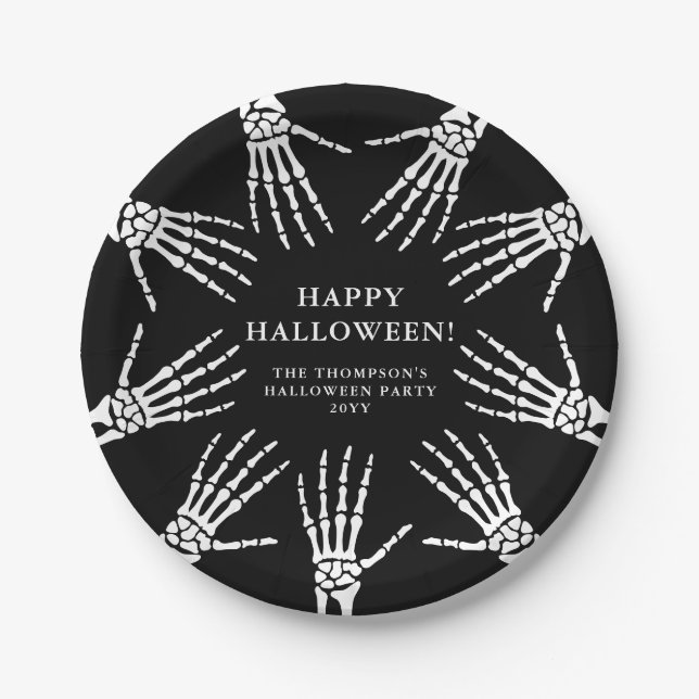 Assiettes En Carton Bony Skeleton Mains sur Black Halloween heureux (Devant)
