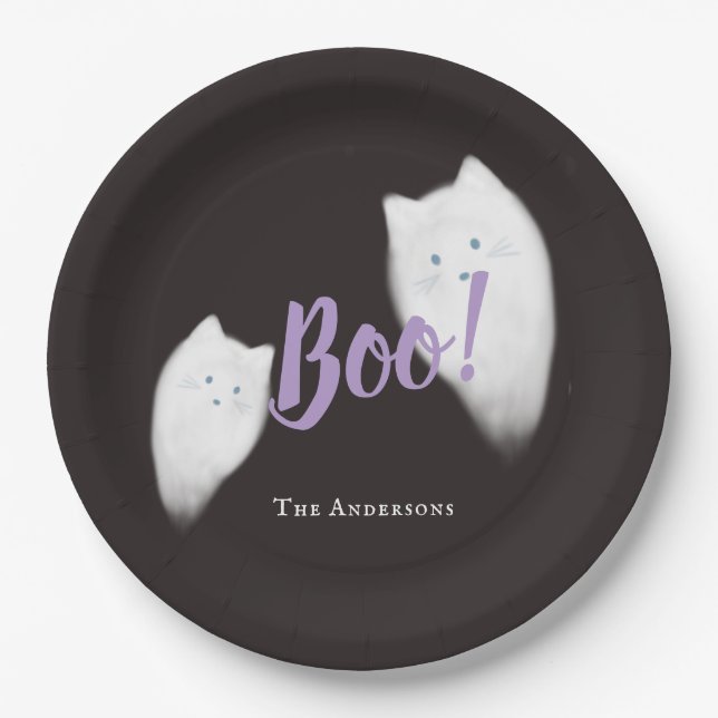 Assiettes En Carton Boo ! Halloween Ghost Chat mignonne Noir (Devant)