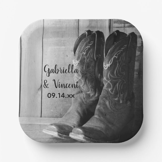 Assiettes En Carton Boots rustiques Cowboy Pays Mariage occidental (Recto)