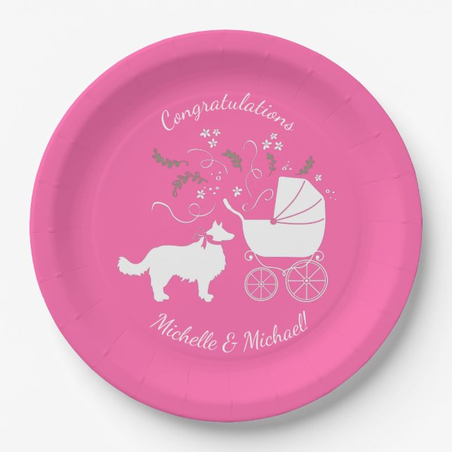 Assiettes En Carton Bordure Collie Chien Baby shower Chien Chiot Rose  (Devant)