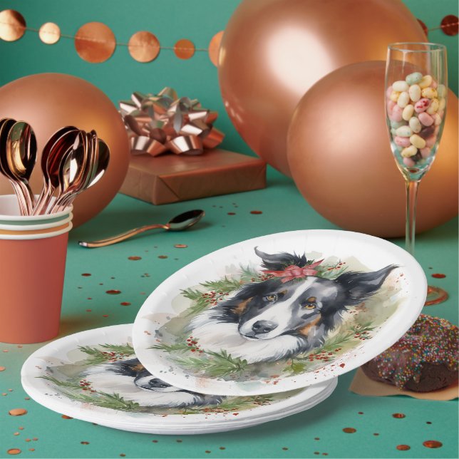 Assiettes En Carton Bordure Collie Fête de Noël Wreath Pup (Multi)