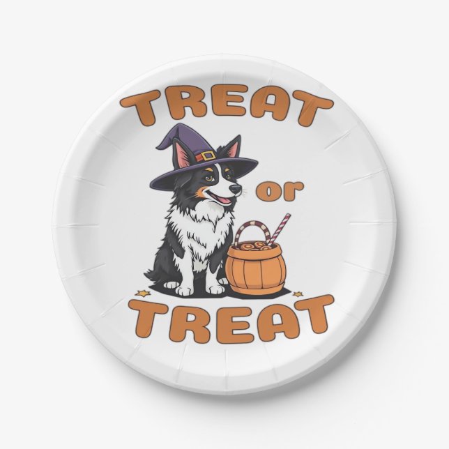 Assiettes En Carton Bordure Collie Halloween Costume de chien "Treat o (Devant)