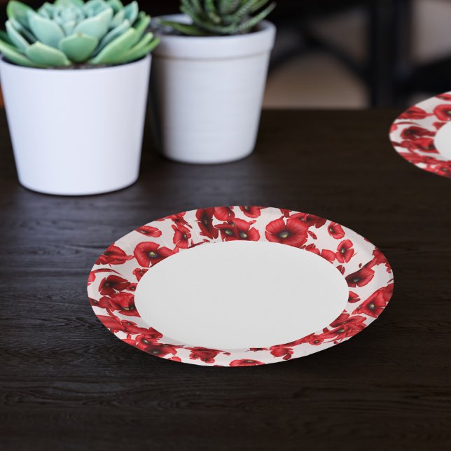 Assiettes En Carton Bordure de fleurs de pavot rouge (Perfect poppy paper plates for your picnics in the park or poppy parties. )