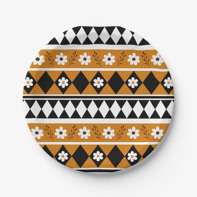 Assiettes En Carton Bordure Fleur Diamant Boho Motif Floral (Devant)