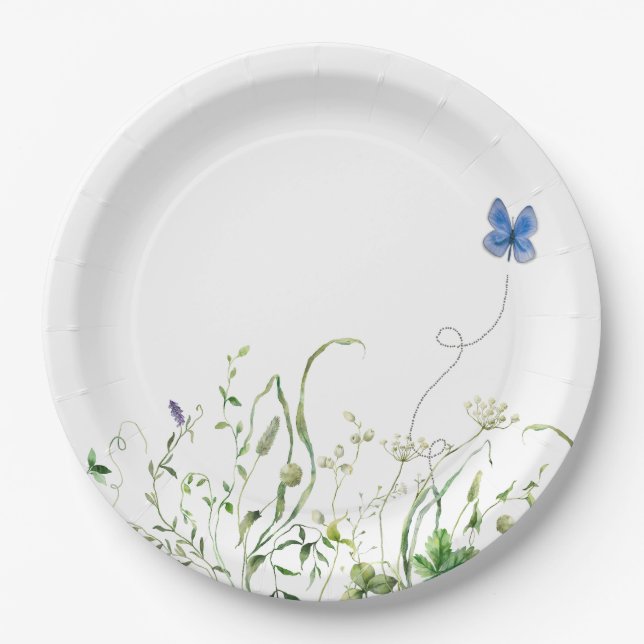 Assiettes En Carton Bordure fleur sauvage avec papillon bleu (Devant)