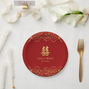 Assiettes En Carton Bordure fleurie or rouge mariage chinois double xi