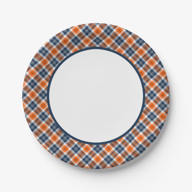 Assiettes En Carton Bordure Plaid Orange et Bleu Sporty (Devant)