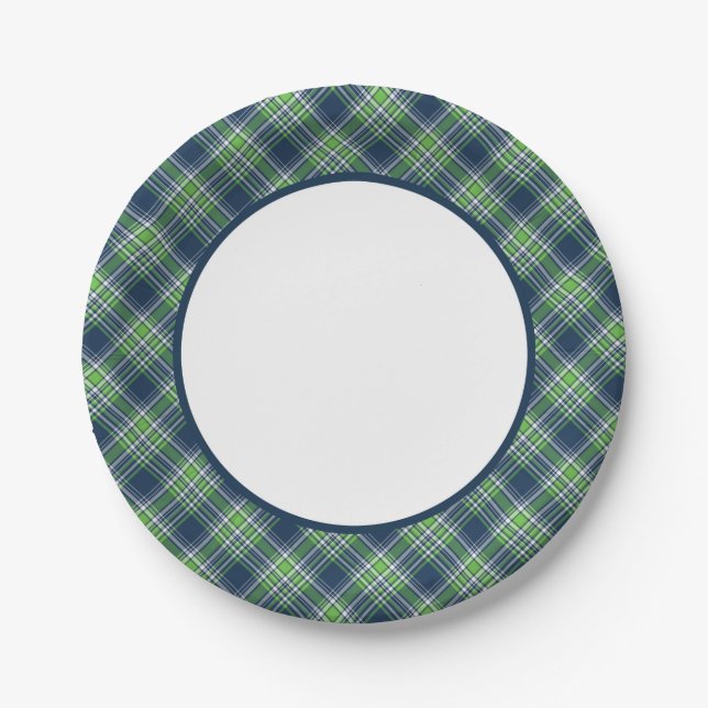 Assiettes En Carton Bordure Plaid Sportive Bleu et Vert clair (Devant)