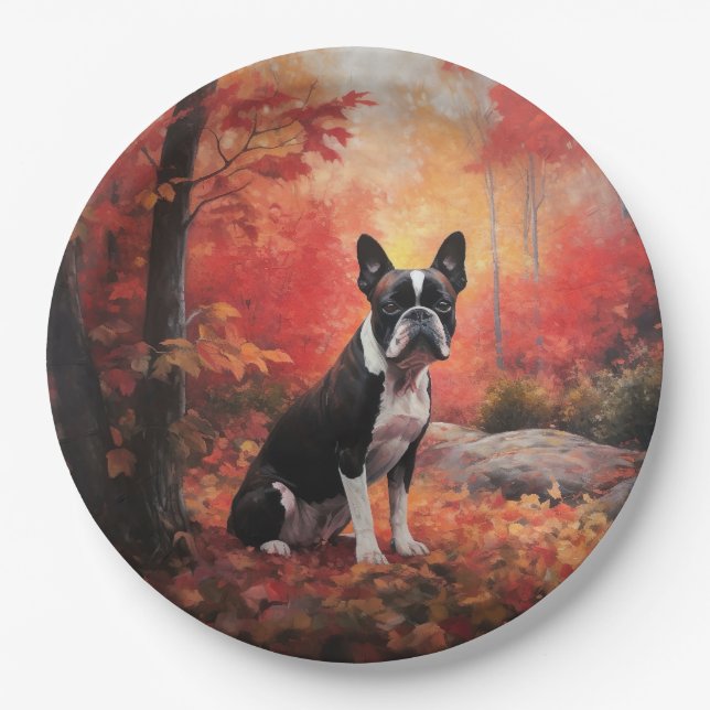 Assiettes En Carton Boston Terrier à l'automne Leaves automne Inspire (Devant)