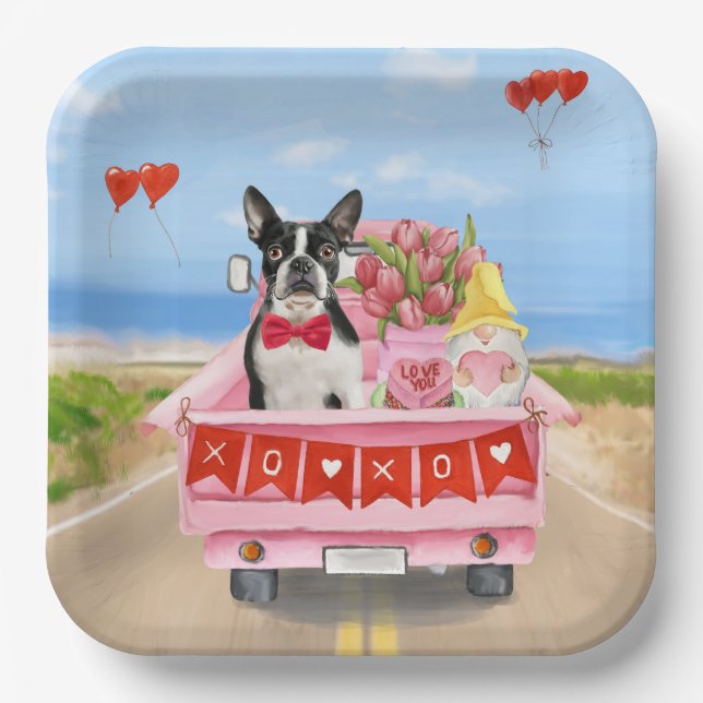 Assiettes En Carton Boston Terrier Chien Valentine's Day Truck Hearts (Recto)
