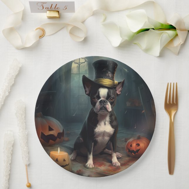 Assiettes En Carton Boston Terrier Citrouille Halloween effroi (Mariage)